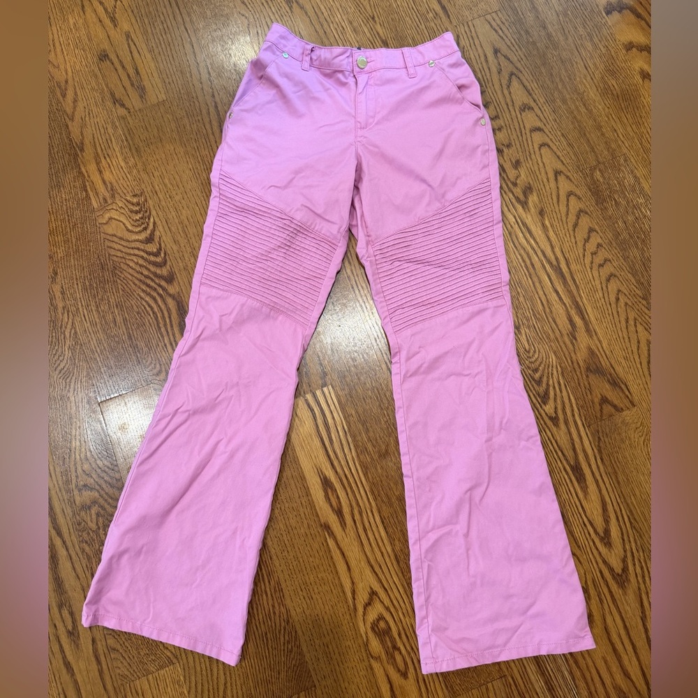 Jaanuu Pink Women's Ribbed-Thigh Flared Scrub Bottoms